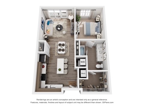 Floor plan for 1 bed, 1 bath, 723 sqft